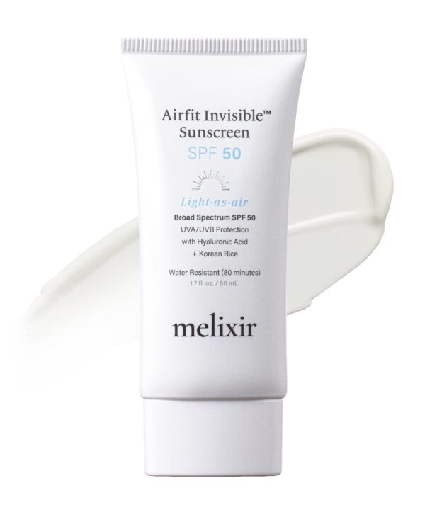 Melixir Airfit Invisible™ Sunscreen SPF 50, Korean Rice, Hyaluronic Acid, Broad Spectrum Sunscreen for Face, Moisturizing Daily Protection for Sensitive Skin, No White Cast, Sweat-proof (1.7 fl.oz.)