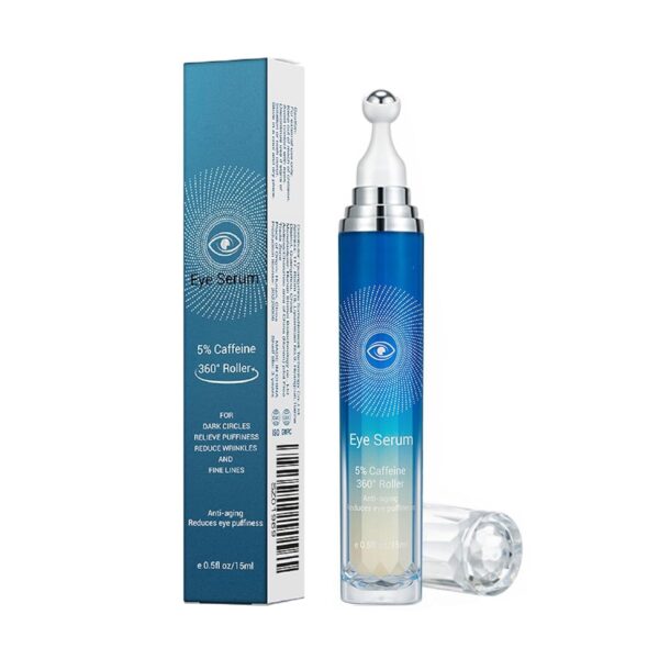 5% Caffeine Eye Serum, Anti-Aging Under Eye Roller Cream for Dark Circles Puffiness Wrinkles and Fine Lines, Korean Eye Care Cream with 360°Massage Ball, Eye Bags Treatment for Men and Women
