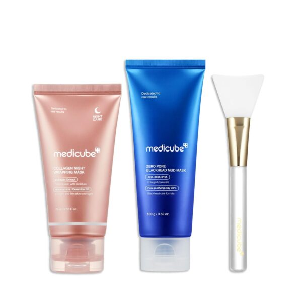 medicube Korean Viral Glass Skin Faical Mask Duo: Collagen Overnight Wrapping Peel Off Facial Mask Pack & Zero Pore Blackhead Mud Facial Mask & Jelly Brush