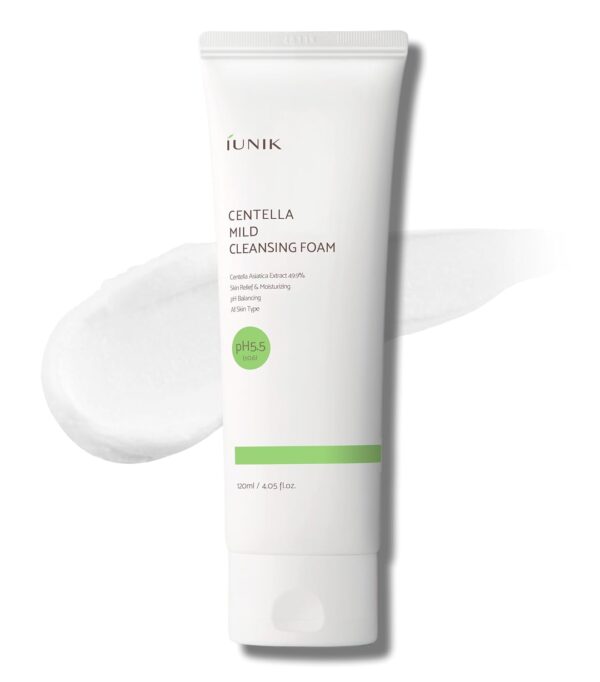 IUNIK Centella Mild Facial Foaming Cleanser - Non-stripping Sub-Acid w/Centella Asiatica 49% Moisturizing pH Balancing for Oily Dry Senstivie Acne-prone skin Vegan Korean Skincare