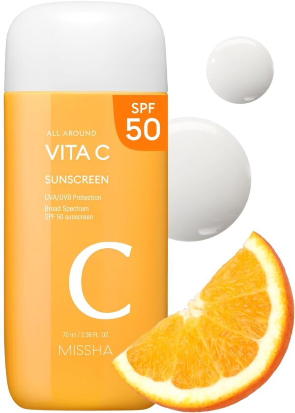 MISSHA All Around Vita C Sunscreen SPF 50/2.36 Fl Oz - Korean Sunscreen for face with Vitamin C for Even Tone, Lightweight, Non-Sticky, Sebum Control, Mother's Day gifts