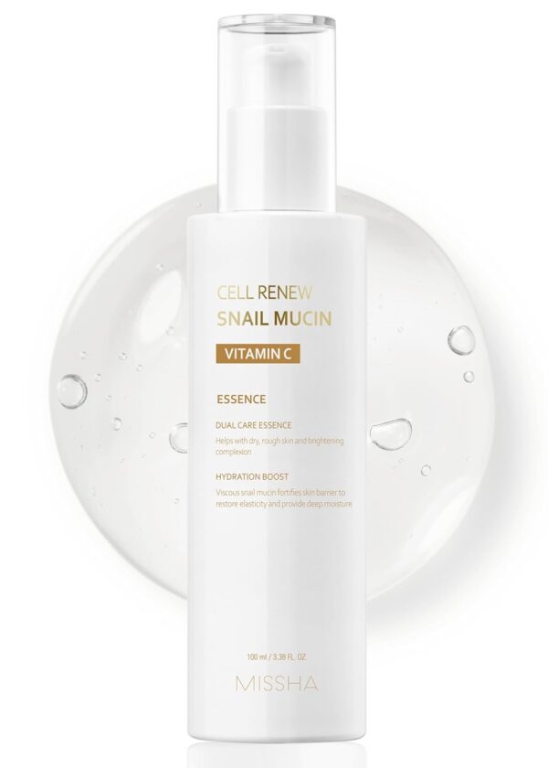 MISSHA Cell Renew Snail Mucin Vitamin C Essence Serum 3.38 Fl oz - Hydrating Korean Skincare for Glass Skin, Snail Mucin Serum for Improved Skin Texture & Complexion, Mother's Day gifts