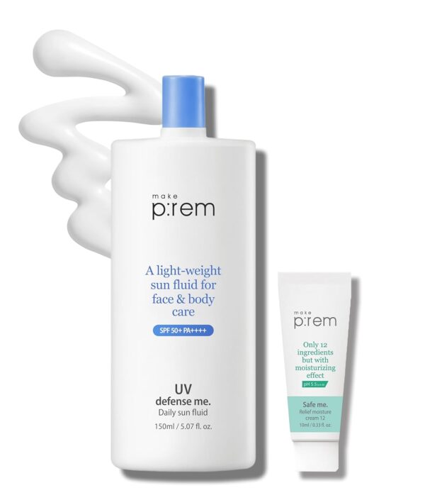 MAKEPREM Defense Me Daily Vegan Sun Fluid Non-greasy Calming Hydrating SPF 50+PA++++ Sunblock Reef-safe UV Broad Protection Sunscreen Blue Ray Sensitive Acne-Prone Oily Skin Face Body Korean Skincare
