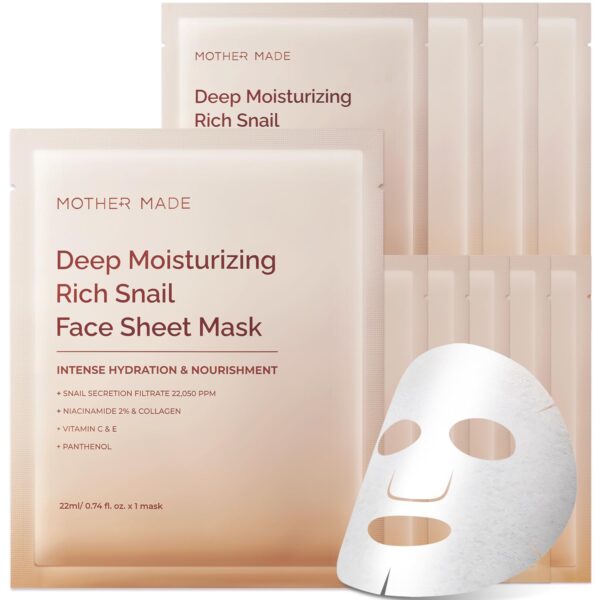 MOTHER MADE Moisturizing Anti-aging Snail Mucin Face Masks 10 EA, with Collagen, Niacinamide 2%, Squalane, Face Masks for Dry, Sensitive Skin, Travel Essentials, Self Care, Korean Skincare