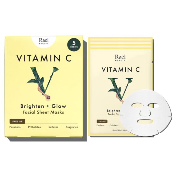 Rael Face Mask Skin Care, Vitamin C Face Masks - Bamboo Facial Sheet Mask, Korean Skincare, with Brightening Vitamin C Serum and Fruit Extracts, All Skin Types (Vitamin C, 5 Sheets)