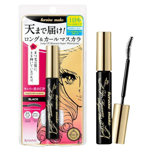 HEROINE MAKE by KISSME Long & Curl Up Waterproof Mascara Black, Lengthening & Volume Fiber Tubing Mascara Makeup, WP 01