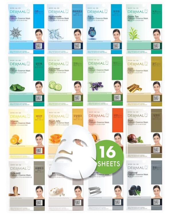 DERMAL 16 Combo Pack A Collagen Essence Korean Face Mask - Hydrating & Soothing Facial Mask with Panthenol - Hypoallergenic Self Care Sheet Mask for All Skin Types - Natural Home Spa Treatment Masks