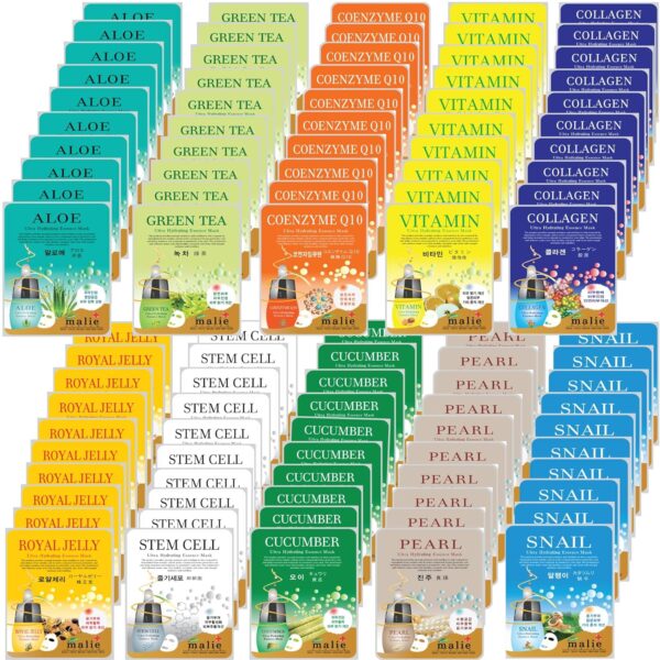 100 Pcs-Combo Ultra Hydraiting Essence Mask (10 types x 10 pcs), Korean Facial Mask Sheet, Skincare Moisturizing