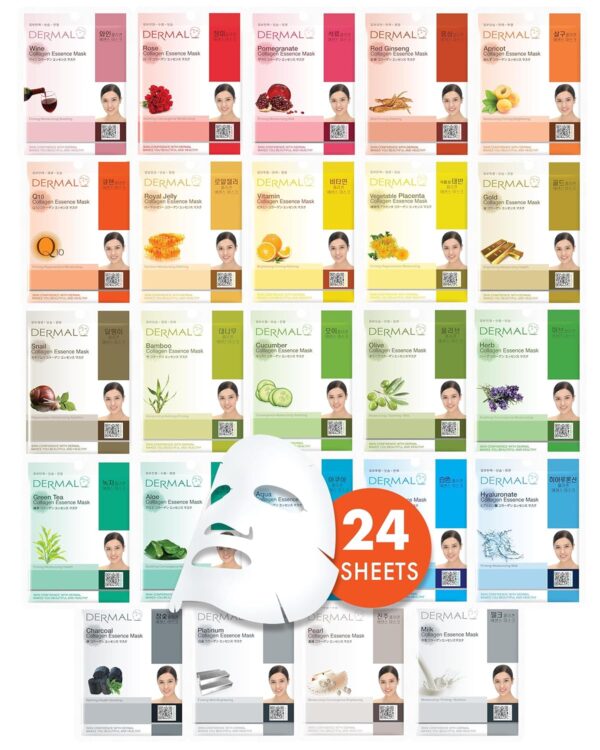 DERMAL 24 Combo Pack A Collagen Essence Korean Face Mask - Hydrating & Soothing Facial Mask with Panthenol - Hypoallergenic Self Care Sheet Mask for All Skin Types - Natural Home Spa Treatment Mask