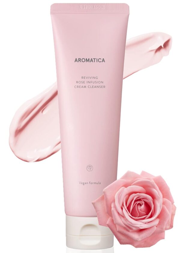 AROMATICA Reviving Rose Infusion Cream Cleanser 5.11oz /145g Double Cleanser, Hydrating Foaming cleanser for dry skin with Damask Rose Water and Rose Oil | Vegan, Cruelty Free