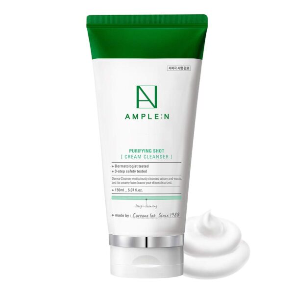 AMPLE:N Purifying Shot Cream Cleanser – Korean Pore Refining Facial Cleanser with Egg White & Blue Lotus Extract - Exfoliate & Remove Makeup Residue and Impurities from Pores Texture, 5.07 fl.oz.