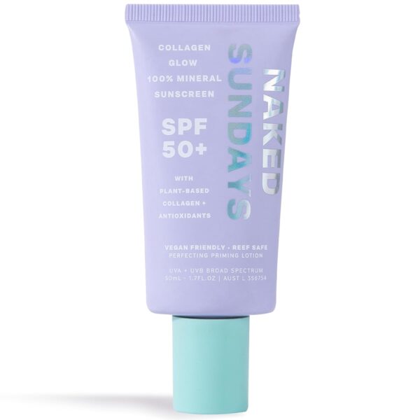 Naked Sundays SPF 50+ 100% Mineral Glow Sunscreen, Daily Hydrating Face Moisturizer & Primer with Zinc Oxide & Vegan Collagen, Sheer Tint, Broad Spectrum SPF Mineral Lotion (50ml)