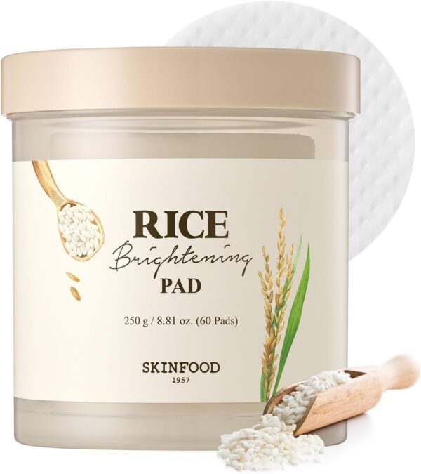 SKINFOOD Rice Daily Toner Pad, Korean Skincare Face Toner with 100% Cotton Pads for Glow Glass Skin, Natural Rice Water Milk, Hydrating, Exfoliating, Glowing, Vegan, 8.81 oz (60 Pads)