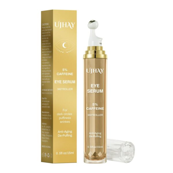 5% Caffeine Eye Cream, Under Eye Serum for Dark Circles, Puffiness & Wrinkles Fine Lines, Eye Roller Serum with 360° Massage Ball, Eye Treatment Balm for Men & Women