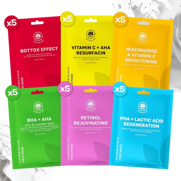 Complete Korean Face Mask Pack of 30 Hydrating Sheet Masks for All Skin Types | Refreshing, Moisturizing, Exfoliating, Anti Aging Face Masks Skincare | Vitamin C, Collagen, Retinol, Hyaluronic Acid