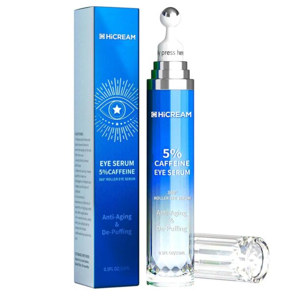 Eye Cream with 5% Caffeine Hyaluronic Acid for Puffy, Fine Lines, Dark Circles and Wrinkles, Under Eye Cream with 360° Roller Massage Ball, Eyelids Skin Care for Women & Men, 0.5 fl. oz