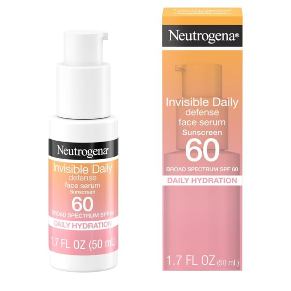 Neutrogena Invisible Daily Defense Face Sunscreen + Hydrating Serum with Broad Spectrum SPF 60 & Antioxidants to Help Skin Glow, Oil-Free, Fragrance Free, 1.7 fl. oz