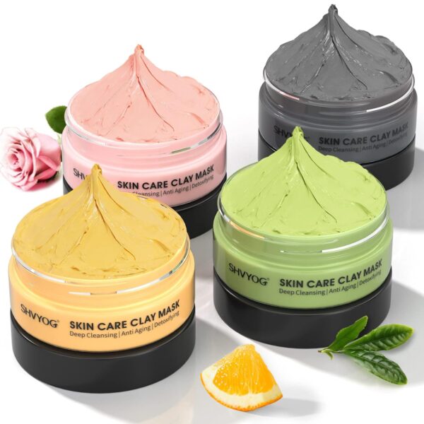 4 Pcs Clay Facial Mask Mothers Day Gift Set - Turmeric, Vitamin C, Green Tea, Dead Sea Mud, and Rose Clay Skin Care Mask for Deep Cleansing, Moisturizing, and Refining Pores - 240g