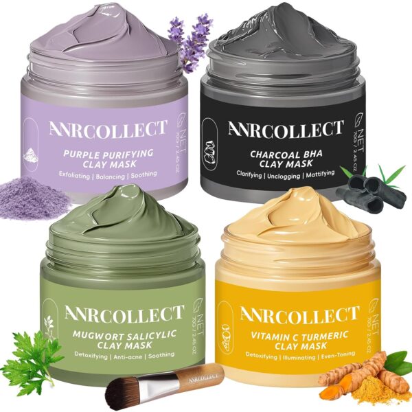 Face Mask Set, 4Pcs Clay Mask, Face Masks Skin Care with Vitamin C, Charcoal, Mugwort and Purple Clay, Skincare Gift Set for Blackheads, Refining Pores & Controling Oil, Dry & Oily Skin