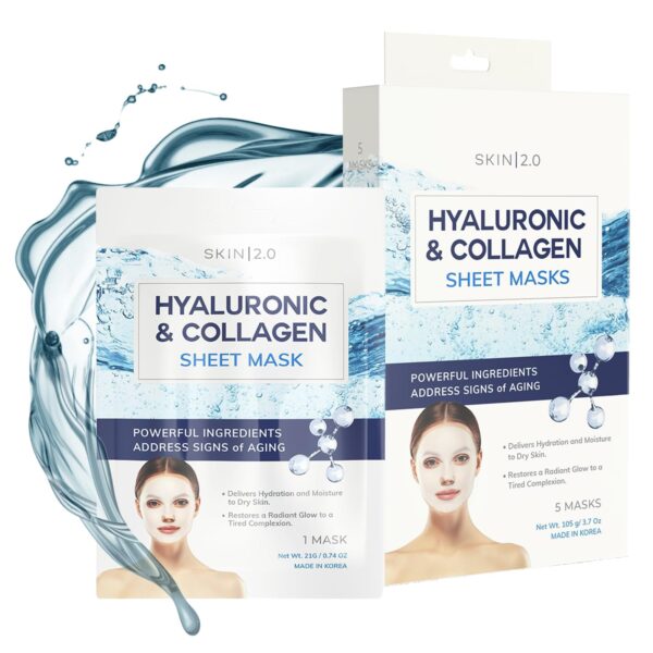 Hyaluronic Acid & Collagen Sheet Mask - Hydrating, Anti-Aging, Skin Firming - Dermatologist Tested Korean Skincare - Clean Beauty, Natural Ingredients, Cruelty-Free, All Skin Types - 5 Masks