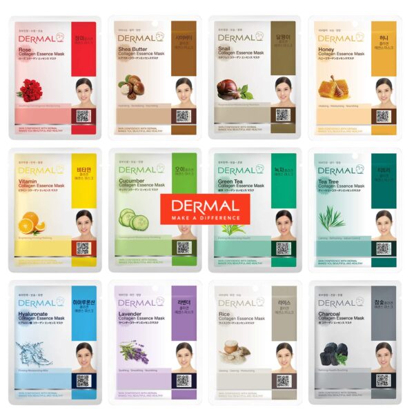 DERMAL 12 Combo Pack Collagen Essence Korean Face Mask Best Value Set - Hydrating & Soothing Facial Mask with Panthenol - Hypoallergenic Sheet Mask for All Skin Types - Natural Home Spa Treatment Mask