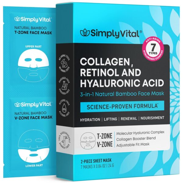 SimplyVital Collagen Face Mask with Retinol & Hyaluronic Acid - Bamboo Sheet Mask for Lifting, Hydration & Elasticity - Anti-Aging Face Mask Skin Care - Mascarillas Faciales - 7 Pack